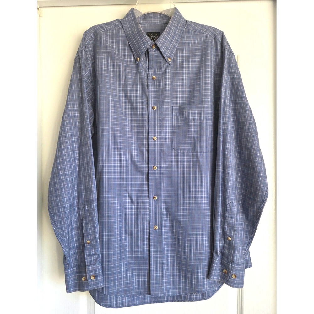 Jos A Bank Travelers Collection Blue Plaid Long Sleeve Button Shirt Tailor Fit L